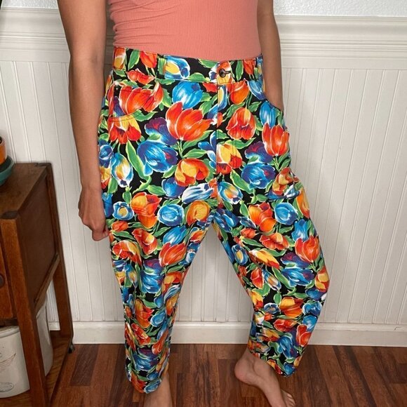 Vintage 80s 90s High Waisted Gap Floral Tropical Pants Womens Large - Picture 12 of 12